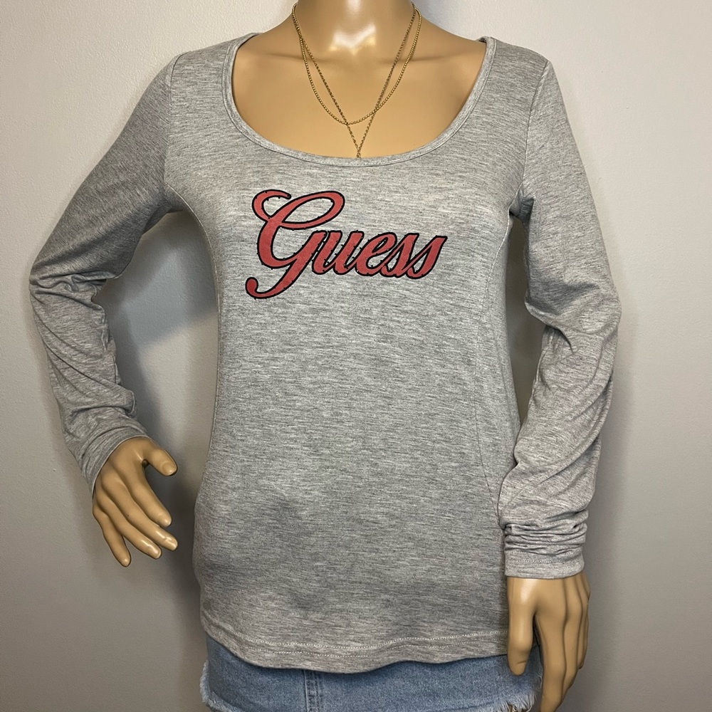 Guess Y2K Early 2000s Women's Heather Gray Long Sleeve Tee